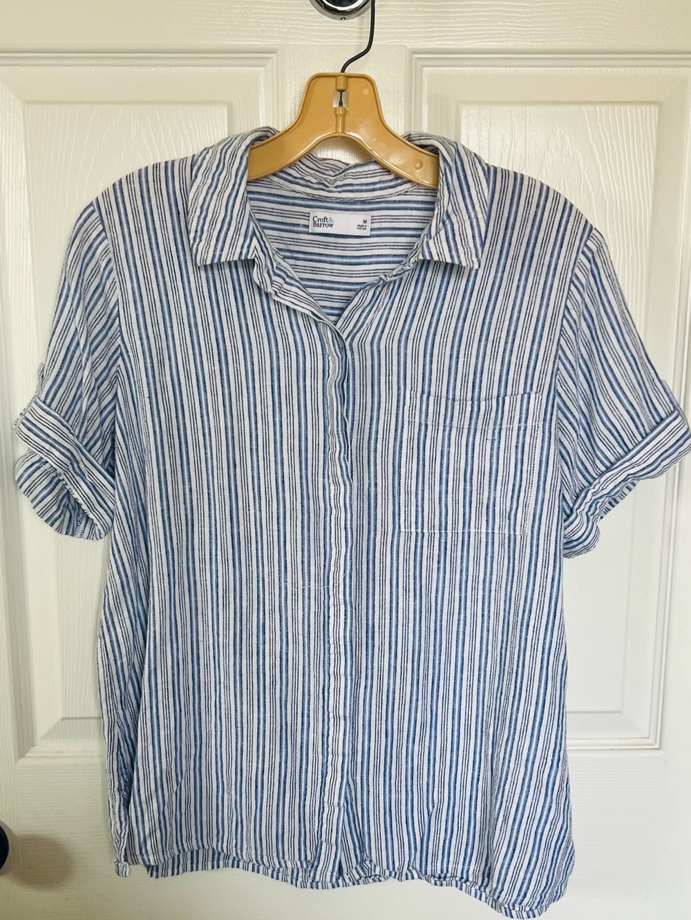 Croft & Barrow Blue Linen Striped Camp Shirt Short Sleeve Button Up M